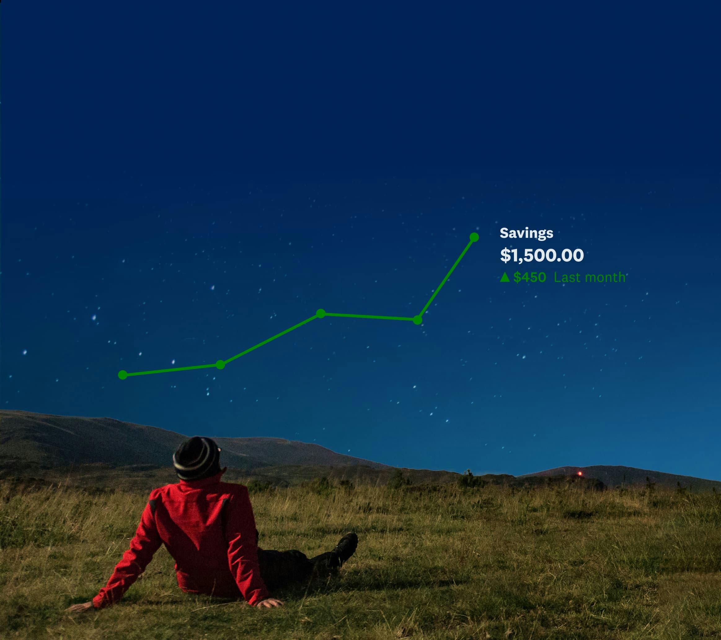 Man sitting in open field at night looking up at the stars with a line graph constellation showing his savings growing.