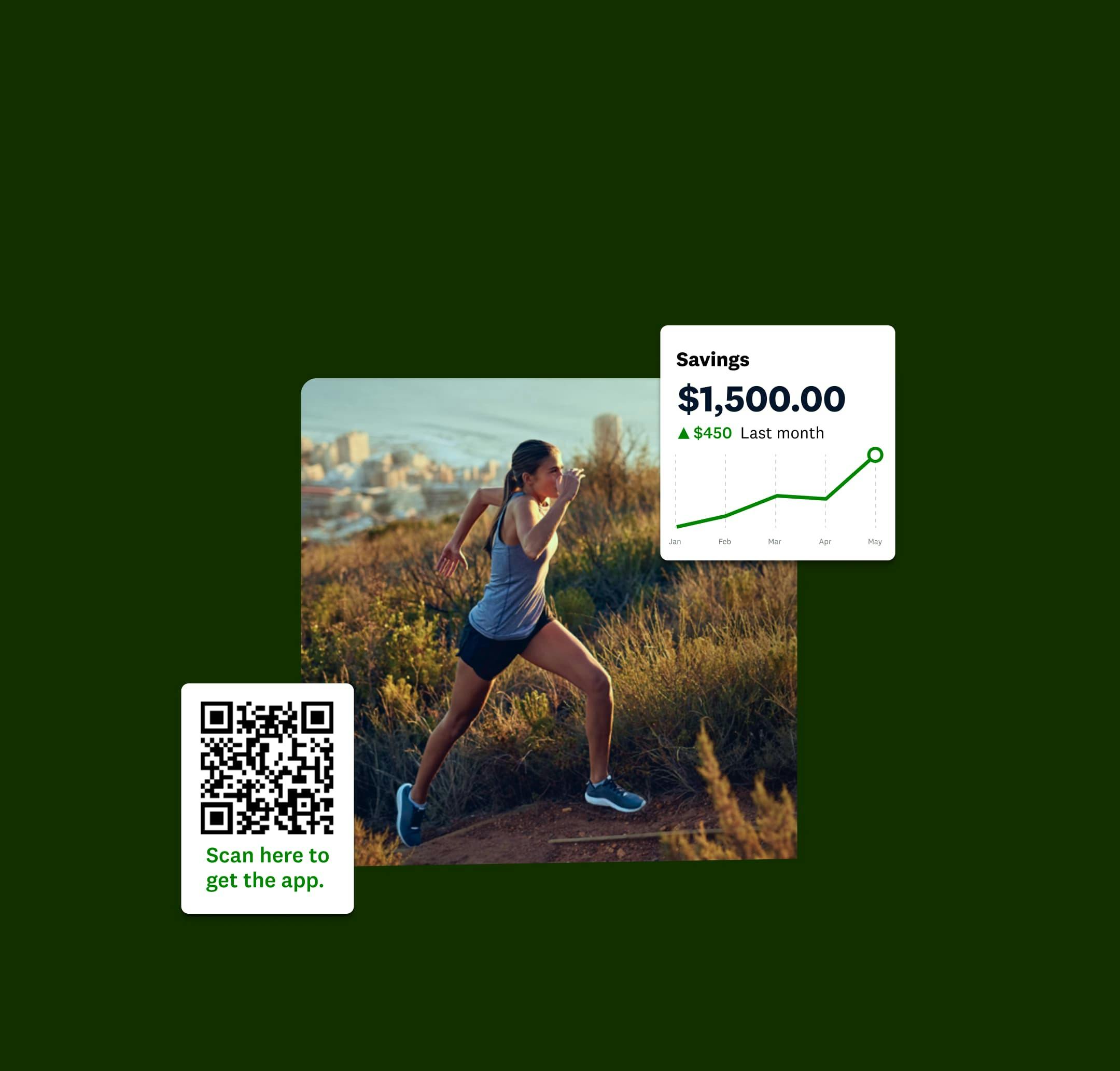 Woman walking up a trail with a cityscape behind her and a Credit Karma line graph showing her savings growing.
